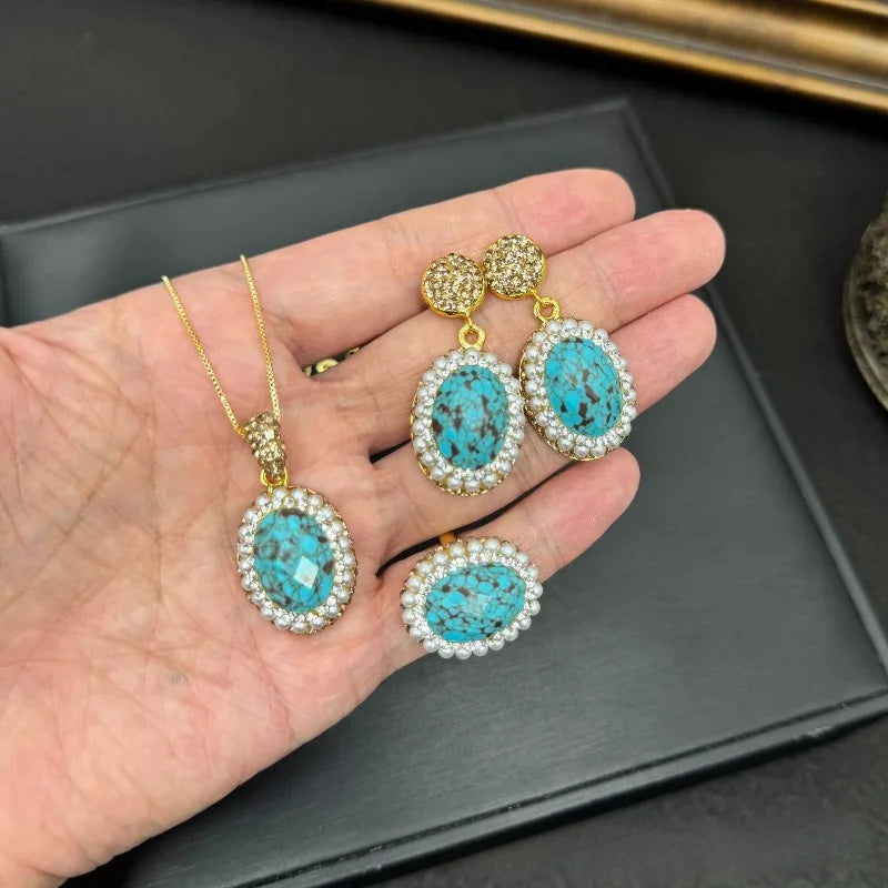 NISHIZAWA Turquoise Pearls Earrings for Women Turkish Style Vintage Jewelry Sets Elegant Geometric Fashion Pendientes Mujer