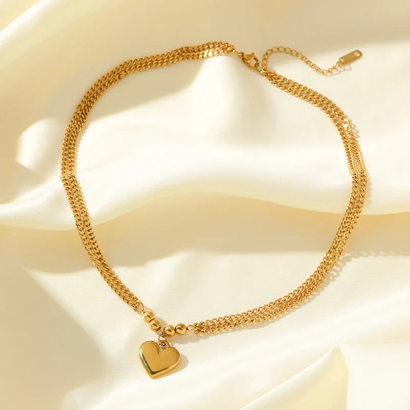 EILIECK 316L Stainless Steel Heart Love Pendant Necklace Statement Golden Glossy Thick Chunky Collar Dangle Neck Chain Jewelry