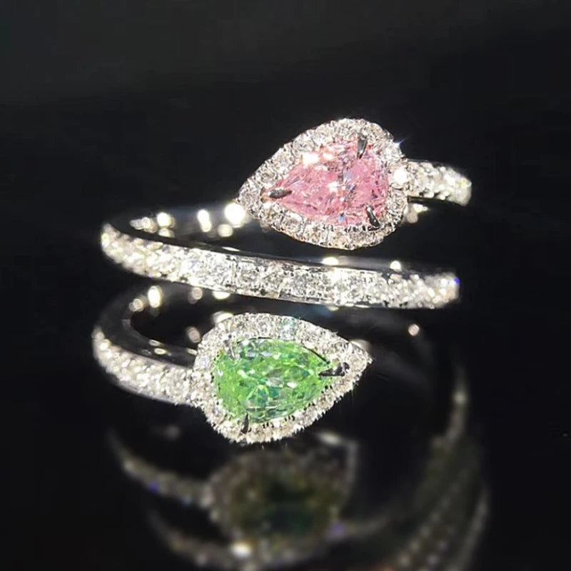 Huitan Pink/Green Waterdrop Cubic Zirconia Cross Rings for Women Colorful CZ Temperament Sweet Engagement Wedding Trendy Jewelry