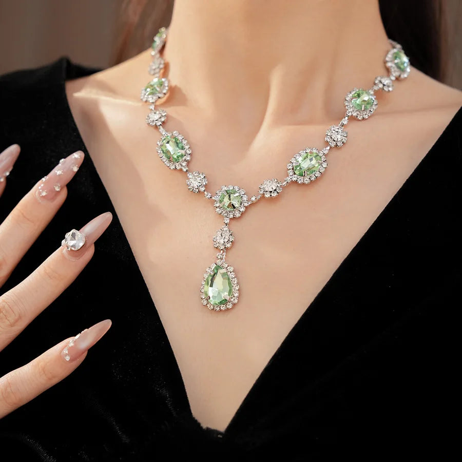 Shiny Cubic Zirconia Jewelry Set Women's Fashion Water Drop Teardrop Rhinestone Choker Necklace Dangle Earrings for Party K