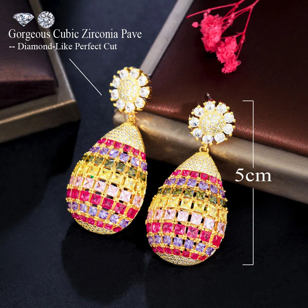 ThreeGraces Gorgeous Shiny Cubic Zirconia Multicolor Long Big Dangle Luxury Women Wedding Flower Earrings Chunky Jewelry ER991