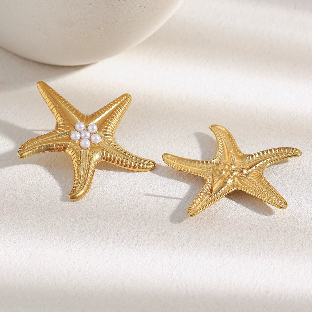 E.B.belle Exaggertaed Summer Beach Imitation Pearl Starfish Stud Earrings 18k Gold Plated Stainless Steel Holiday Women Jewelry