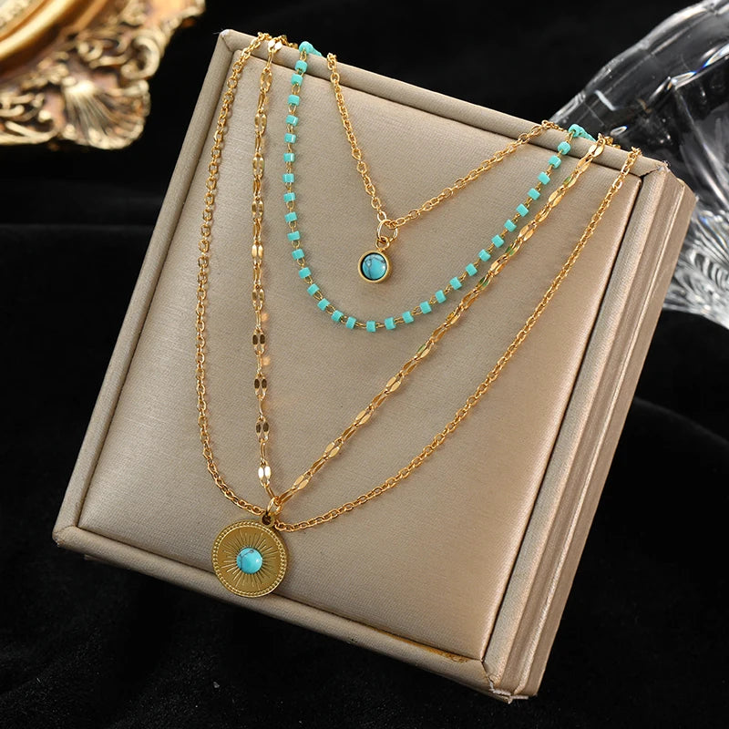 EILIECK 316L Stainless Steel Artificial Turquoise Pendant Necklace for Women Fashion Waterproof 2 Layer Neck Chain Jewelry Gift