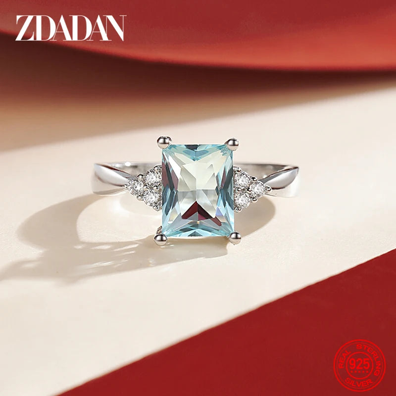 ZDADAN 925 Sterling Silver Square Aquamarine Ring For Women Fashion Wedding Jewelry