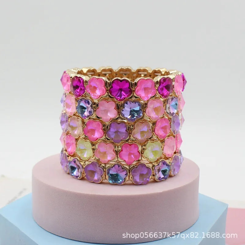 2026 Colored Rhinestone Flower Enamel Gold Bracelet Mocha Full Diamond Elastic Stacked Fashion Bridal Accessories