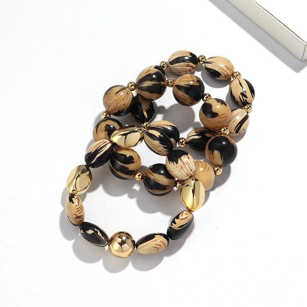 Personality Leopard Print Irregular Beaded Stretch Bangles Bracelets Retro Acrylic Geometric Beads Bracelet Women Jewelry