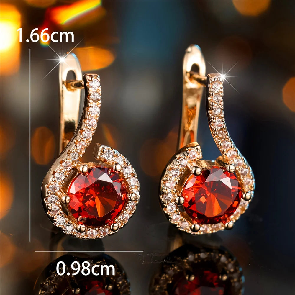 Charm Female White Red Round Zircon Stone Hoop Earrings Fashion Gold Color Wedding Jewelry For Women