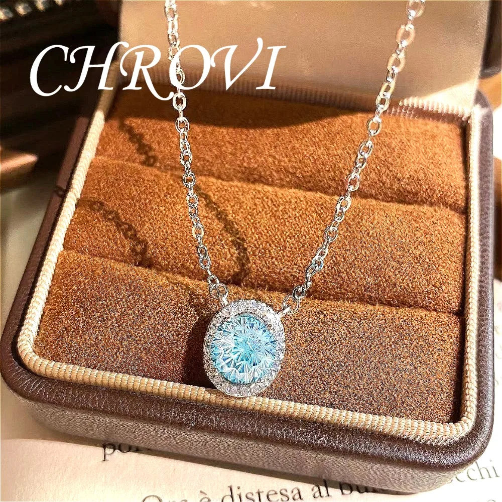 Fashion 925 Sterling Silver Internet Celebrity Sparkling Romantic Women's Cubic Zirconia Aquamarine Clavicle Necklace
