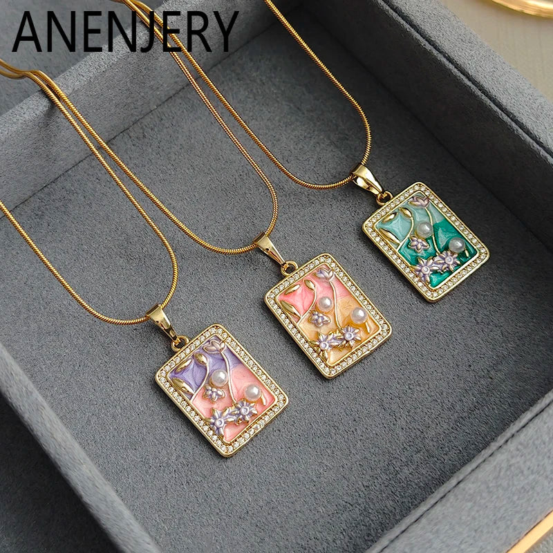 ANENJERY 316L Stainless Steel Oil Painting Flower Necklace For Women Vintage French Fashion Neck Chain Jewelry Gift Wholesale
