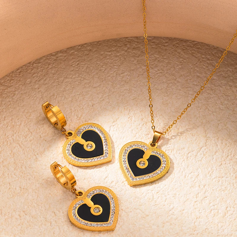 ANENJERY 316L Stainless Steel Double sided Heart Shiny Zircon Necklace Earrings For Women Niche Vintage Jewelry Gifts Wholesale