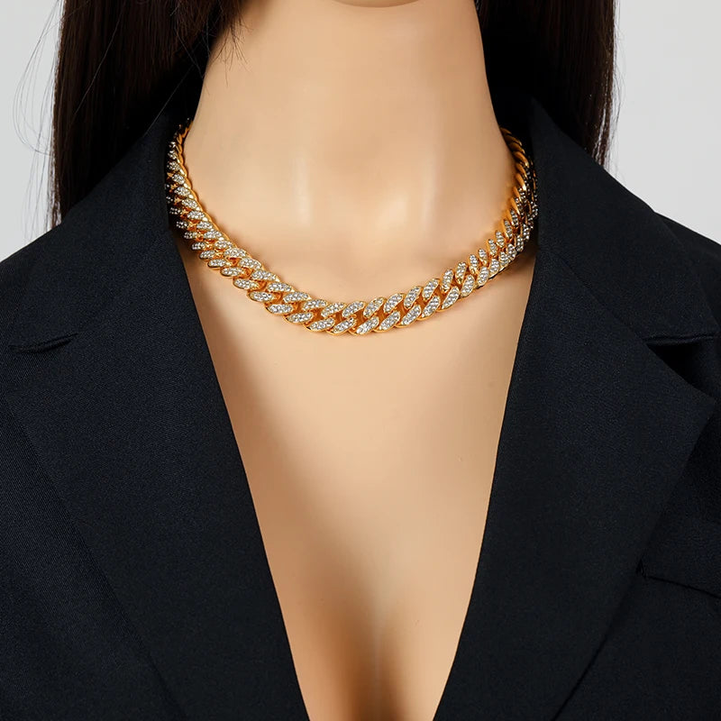 EILIECK Exquisite Geometric Thick Cuban Chain Necklace Bracelet Set Trendy Collar Punk Zirconia Collar Jewelry Women Men New