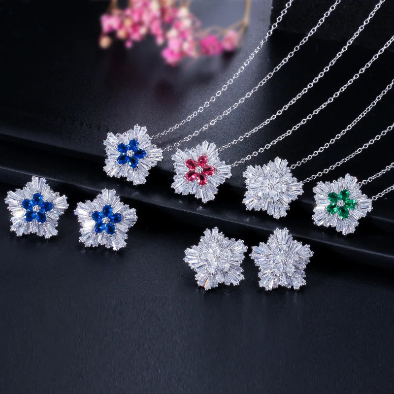 ThreeGraces Fashion Shiny Blue Green Cubic Zirconia Snow Flower Pendant Necklace and Stud Earrings Jewelry Set for Women T1226
