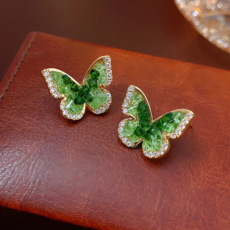 Gold Plating Zircon Green Crystal Butterfly Stud Earrings for Women Partysu Fashion Earring Luxury Silver Jewelry New