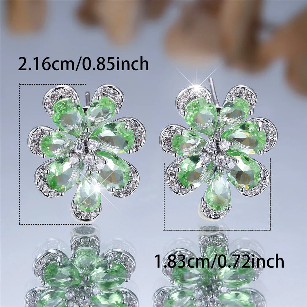 Cute Female Green Zircon Flower Stud Earrings Silver Color Wedding Jewelry For Women