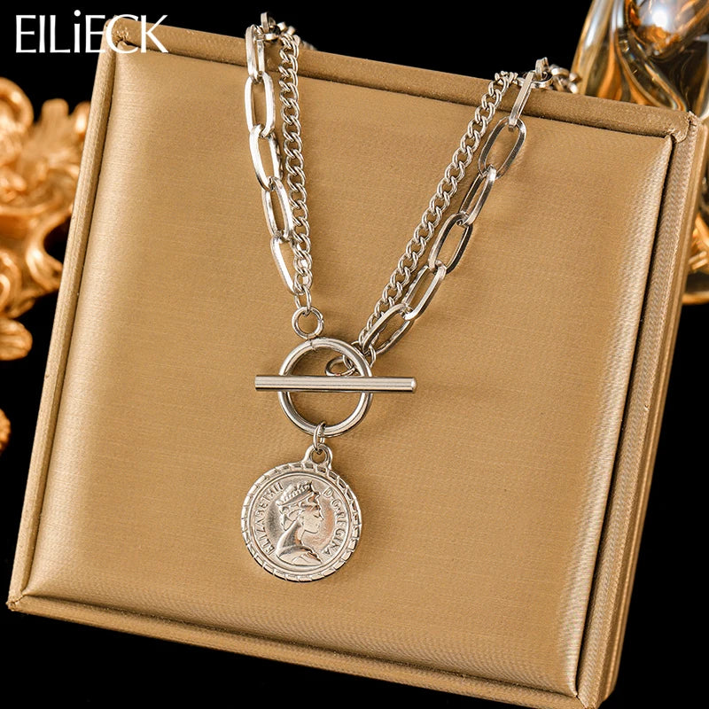 EILIECK 316L Stainless Steel Portrait Coin Pendant Necklace For Women Fashion Silver Color Neck Chain Waterproof Jewelry Gift