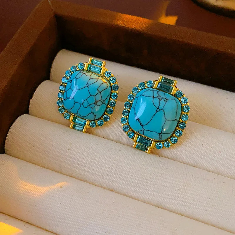 Exquisite Artificial Blue Turquoise Stone Stud Earings Retro Round Square Rhinestones Ear Stud for Lady High-end Jewelry Gift N1