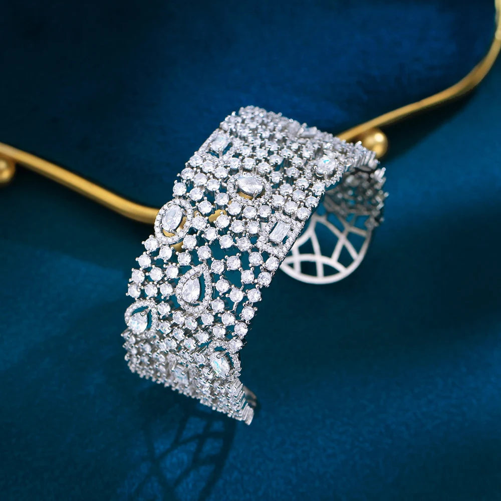 ThreeGraces Luxury Shiny Cubic Zirconia Big Wide Bridal Wedding Open Size Bangle for Women Gorgeous Dubai Party Jewelry B083