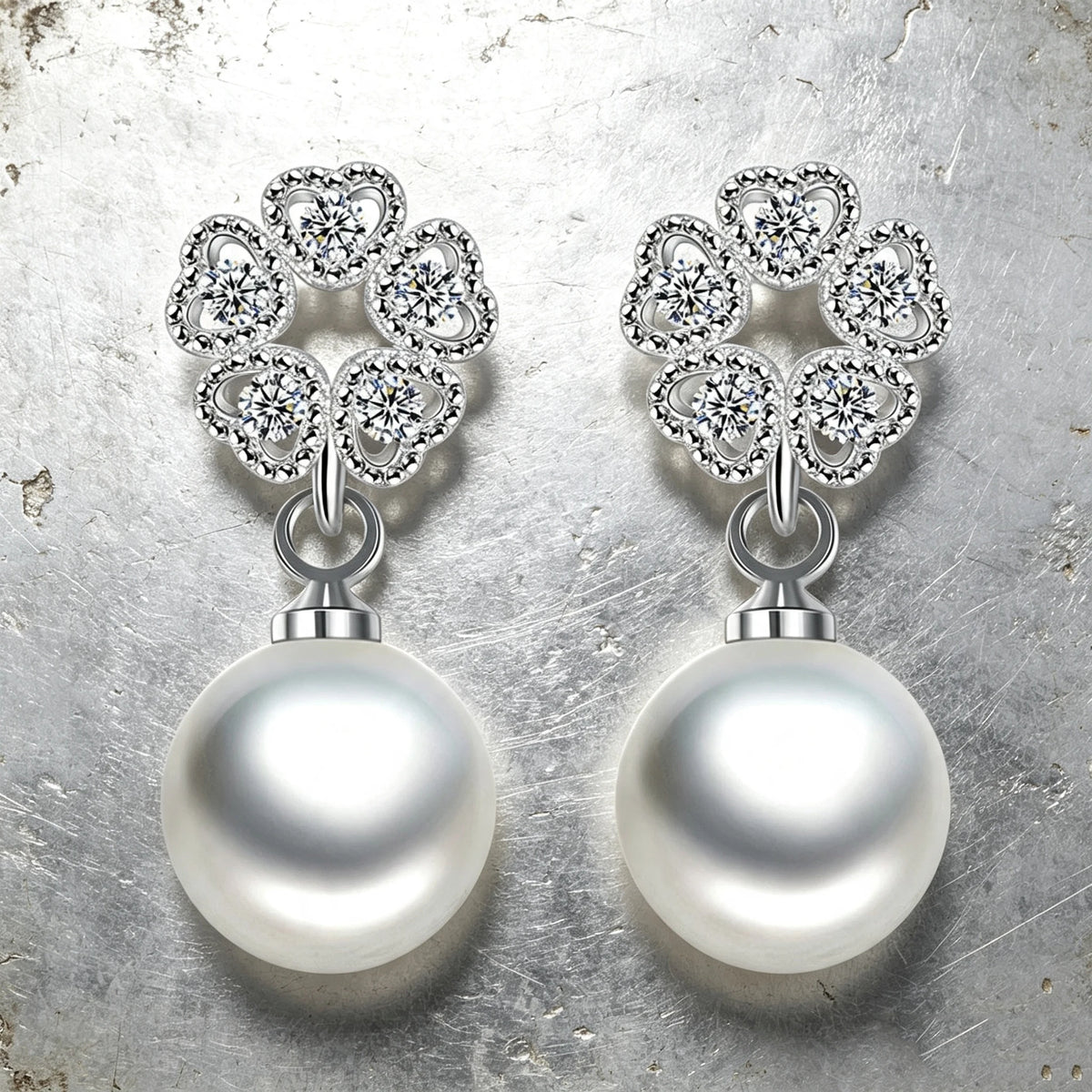 Small Love Heart Luxury Female White Pearl Zircon Stone Stud Earrings Silver Color Wedding Jewelry For Women