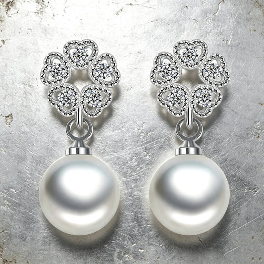 Small Love Heart Luxury Female White Pearl Zircon Stone Stud Earrings Silver Color Wedding Jewelry For Women