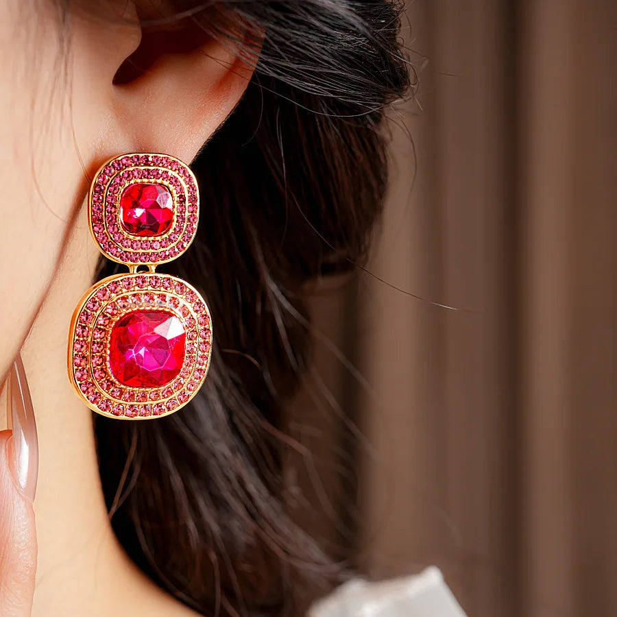 Vintage Full Rhinestones Square Dangle Earrings for Women Shiny Exquisite High-end Geometric Drop Earring Luxury Jewelry Gifts N