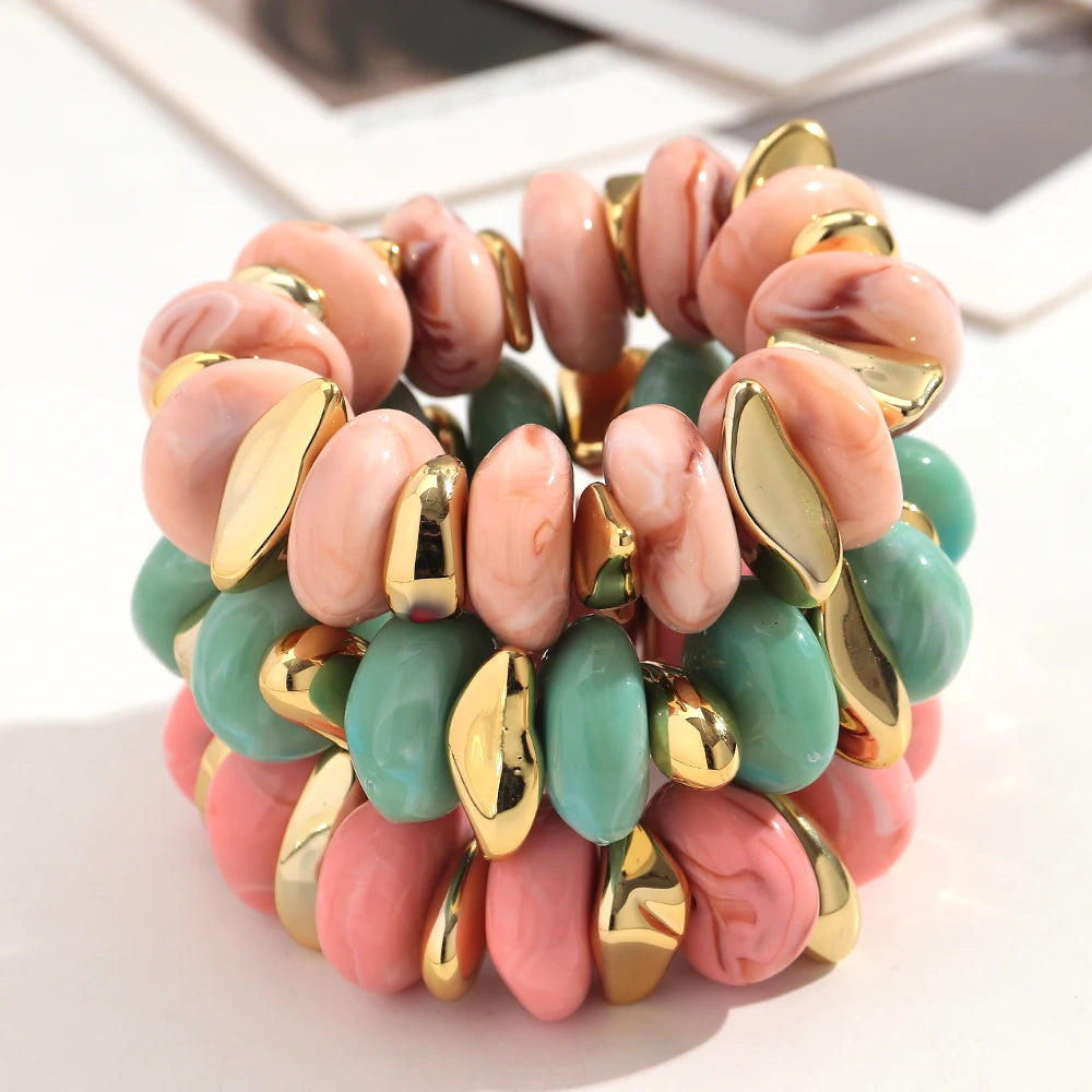 Fashion Acrylic Colorful Irregular Geometric Beads Elastic Bracelets Geometry Beaded Chunky Bracelet for Women New Jewelry Gifts
