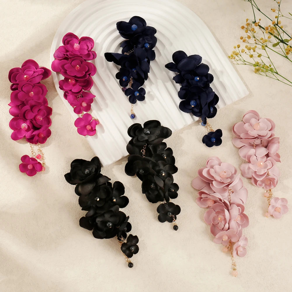 Badu Bohemia Fabric Flower Dangle Long Earrings for Women Luxury Design Wedding Party Elegant Jewelry 2024