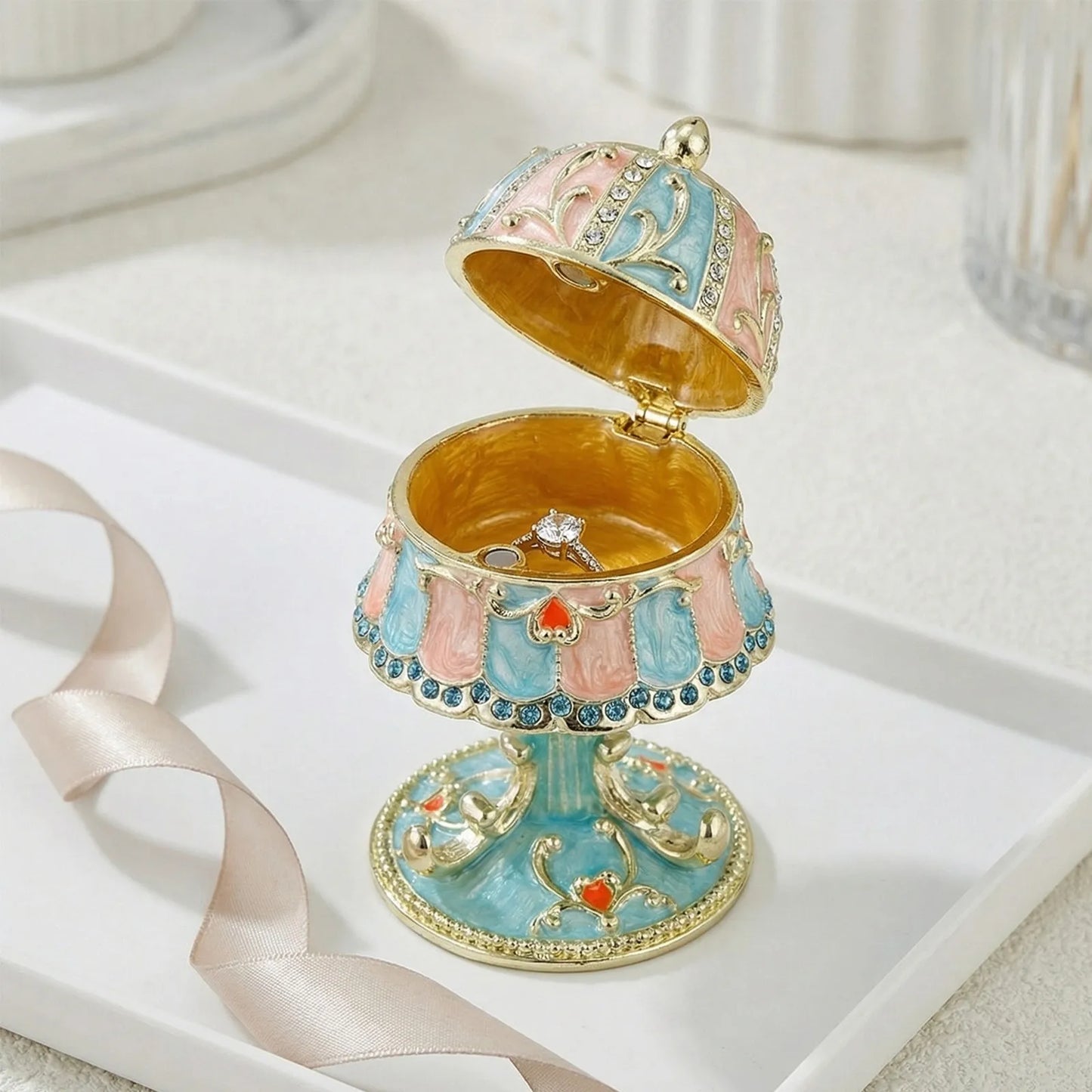 Metal Enamel Jewelry Box Lamp Shaped Jewelry Box With Rhinestones Trinket Case With Lid Vintage Tabletop Keepsake Holder
