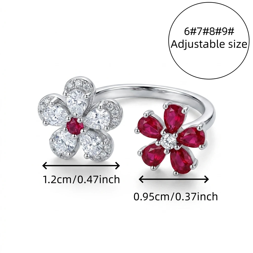 Ladies Silver Adjustable Open Ring with Pink White Flower Design Daily Wearable Fashion Jewelry Gift for Female Friends