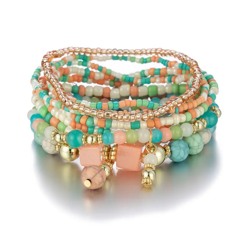 Bohemia Colorful Rice Beads Bracelet Set For Women Summer Handmade Beaded Chain Bangle Female Boho Ethnic Jewelry Gift