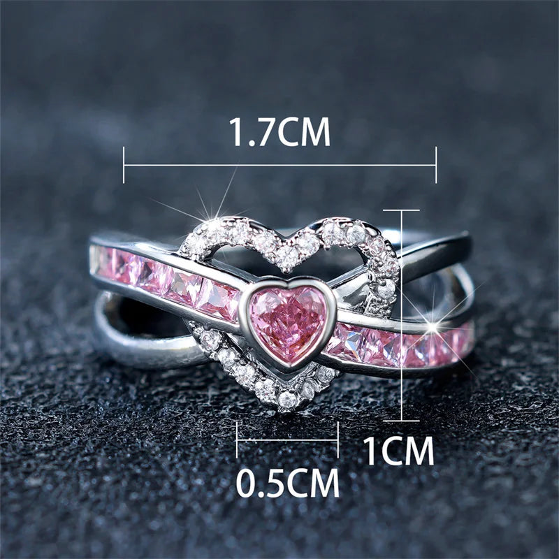 Cute Female Pink Zircon Stone Ring Trendy Silver Color Heart Engagement Rings For Women Bride Wedding Jewelry Gift