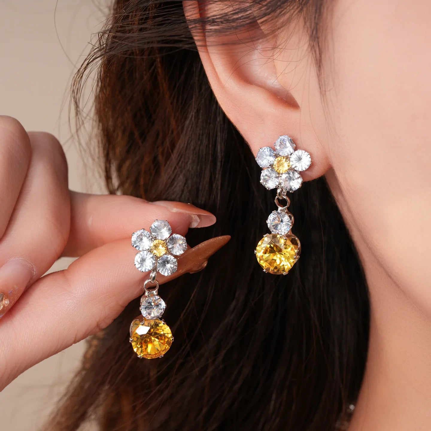 2 Pcs Reteo Flower Rhinestones Chokers Necklaces for Gathering Bling Color-block Dangle Earrings Banquet Anniversary Set H