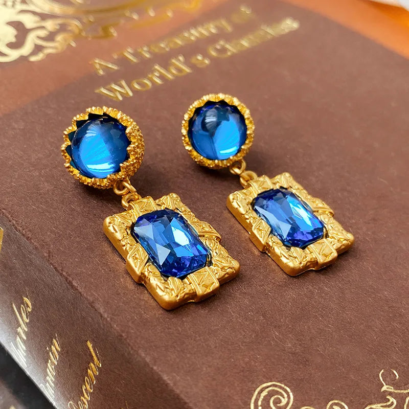 Bluey Rhinestone Square Metal Dangle Earrings for Women Occidental Vintage Niche Exquisite New Earring Fashion Jewelry Wholesale