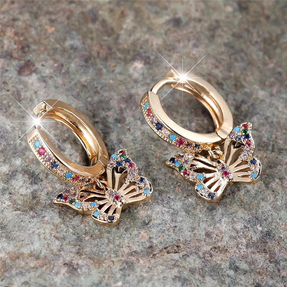 Luxury Female Rainbow Zircon Butterfly Hoop Earrings Fashion Gold Color Wedding Jewelry For Women