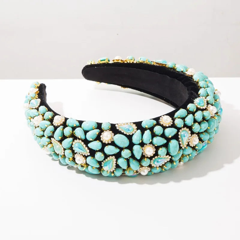 Baroque Headband for Women Heavy Craft Turquoise Pearl Hair Hoop Vintage Court Luxury Hair Accessories Party Statement Hairband
