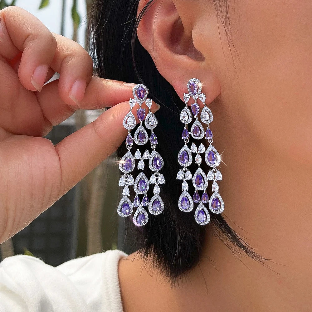 ThreeGraces Vintage Shiny Purple Zirconia Long Tassel Chandelier Drop Bridal Wedding Party Earrings for Ladies Jewelry ER531