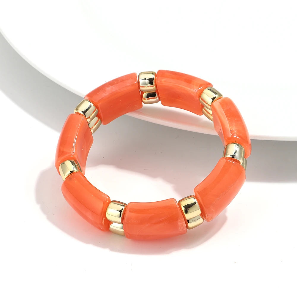 Vintage Acrylic Marbled Elastic Beads Bangle Bracelets for Women Fashion Golden CCB Round Beaded Cuff Bracelet Jewelry Gifts