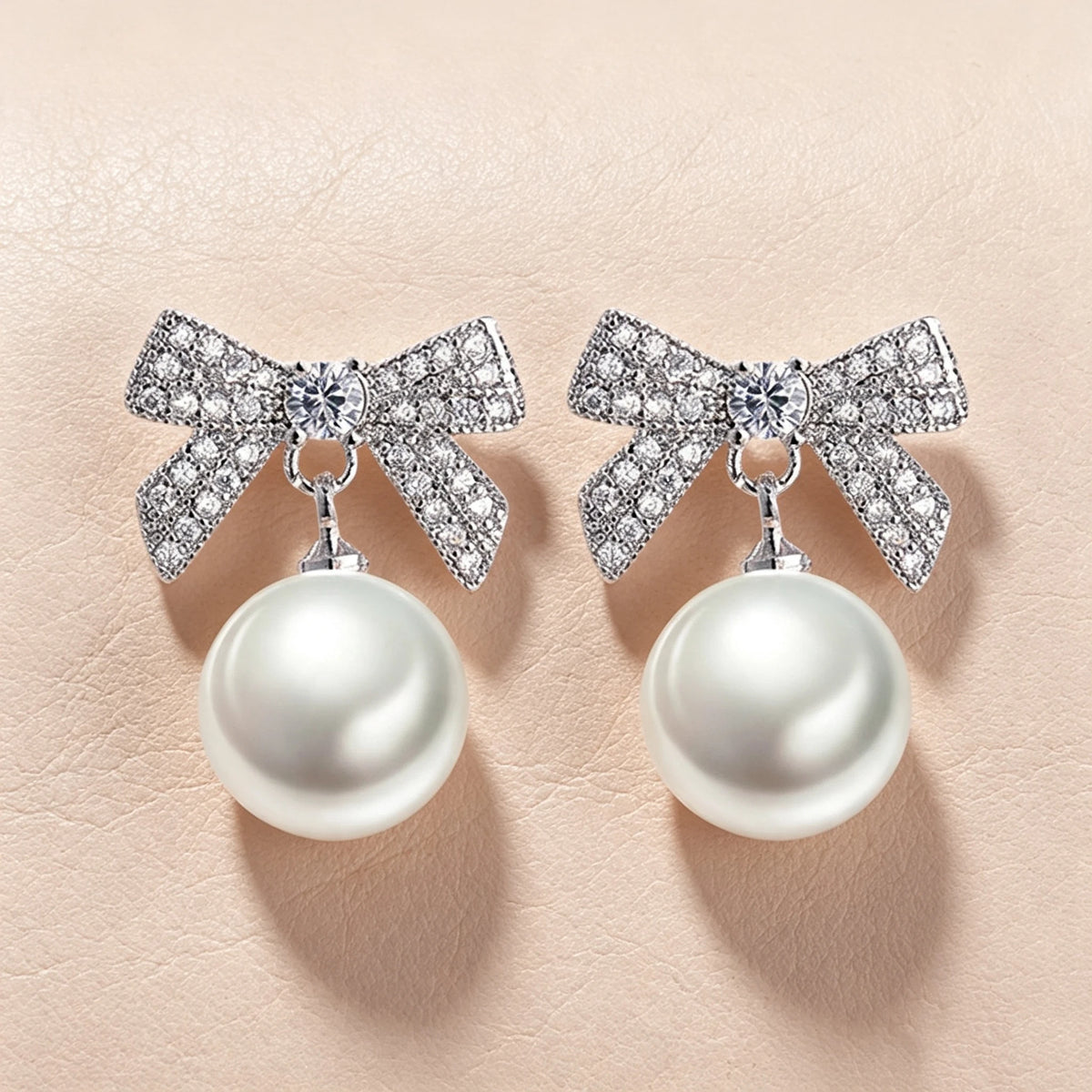 Korean Luxury Charm Female White Zircon Pearl Yellow White Bow Stud Earrings Silver Color Wedding Jewelry For Women