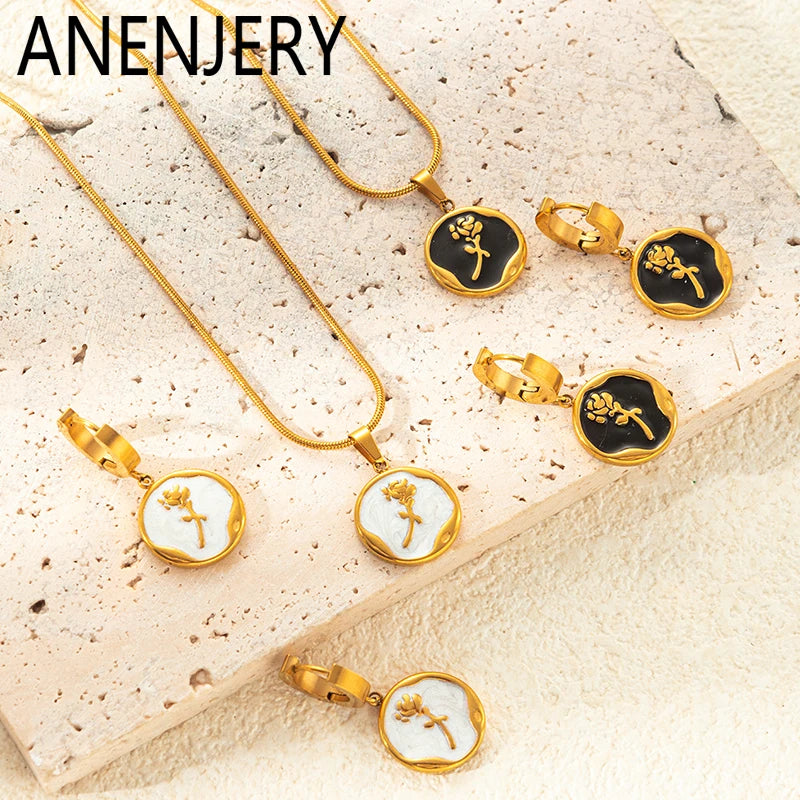 ANENJERY 316L Stainless Steel Rose Black White Pendant Necklace Earring For Women Vintage Gentle Jewelry Set Gifts
