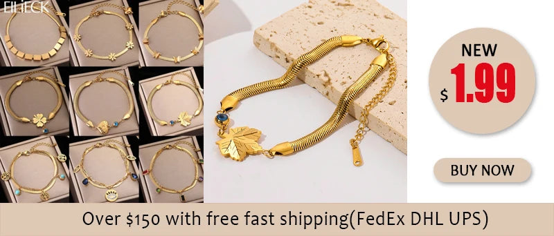 EILIECK 316L Stainless Steel Water Drop Zircon Butterfly Hexagram Charm Bracelet For Women Trend Fashion Gold Color Jewelry Gift