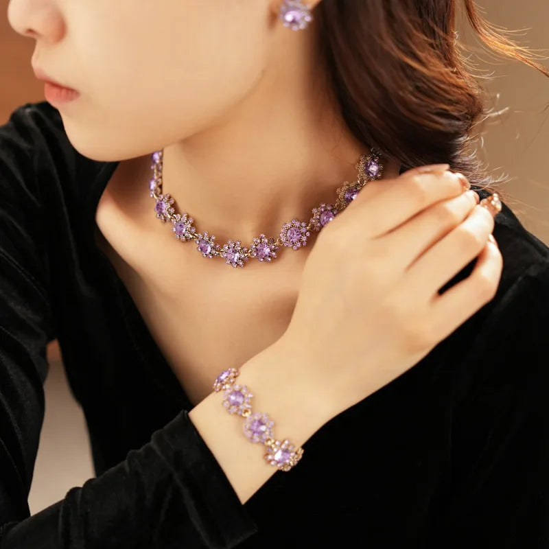 Vintage Amethyst Round Flower Cluster Necklace Bracelet Earring Jewelry Set Antique Silver Luxury Women Bridal Wedding Jewelry N