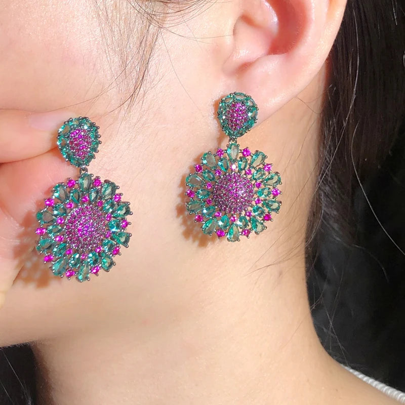 ThreeGraces Vintage Rose Red and Green Cubic Zirconia Long Big Dangle Flower Party Earrings for Women Party Jewelry E2124