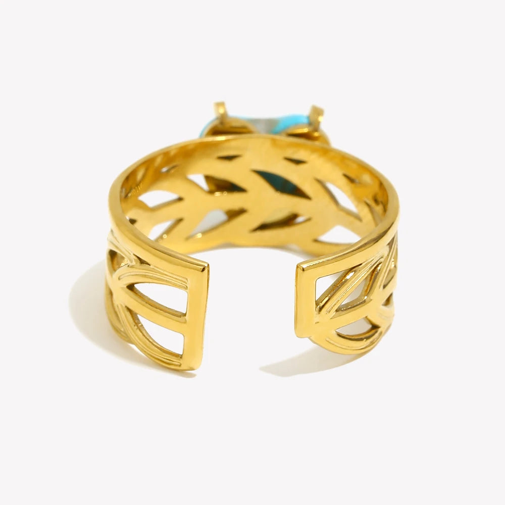 E.B.belle Leaf Pattern Natural Blue Turquoise Stone Heart Opening Ring 18K Gold Plated Stainless Steel Party Waterproof Jewelr y