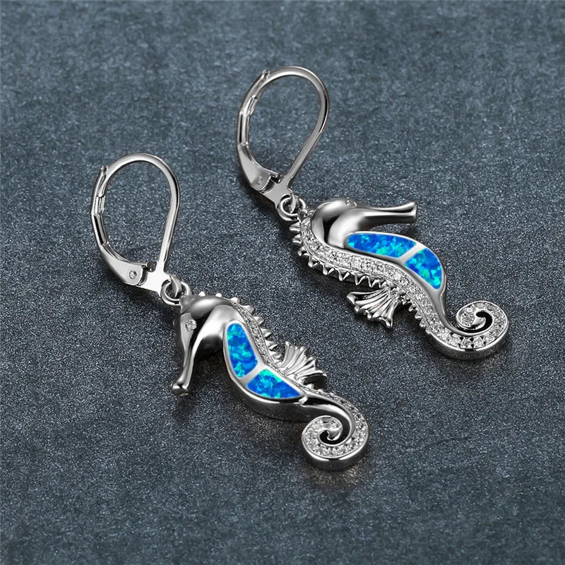 Cute Female Sea Horse Hoop Earring White Blue Opal Stone Animal Jewelry Rose Gold Silver Color Wedding Earrings For Women