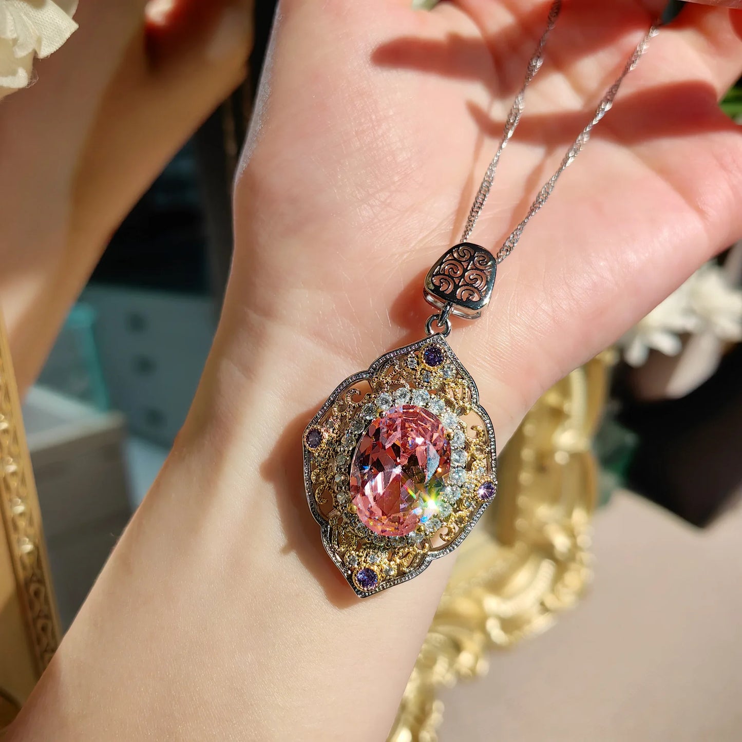 Delicate Vintage High Quality Oval Zirconia Jewelry Sets for Women Luxury Hollow Out Pendant Necklaces Rings Earrings Jewelry
