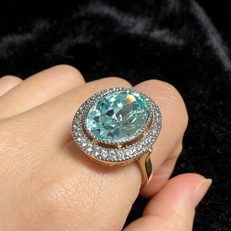 1pc Round Shaped Women Two Tone Ring Gentle Wedding Party Inlaid Brilliant Blue Cubic Zirconia Fashion Party Accessories Jewelry
