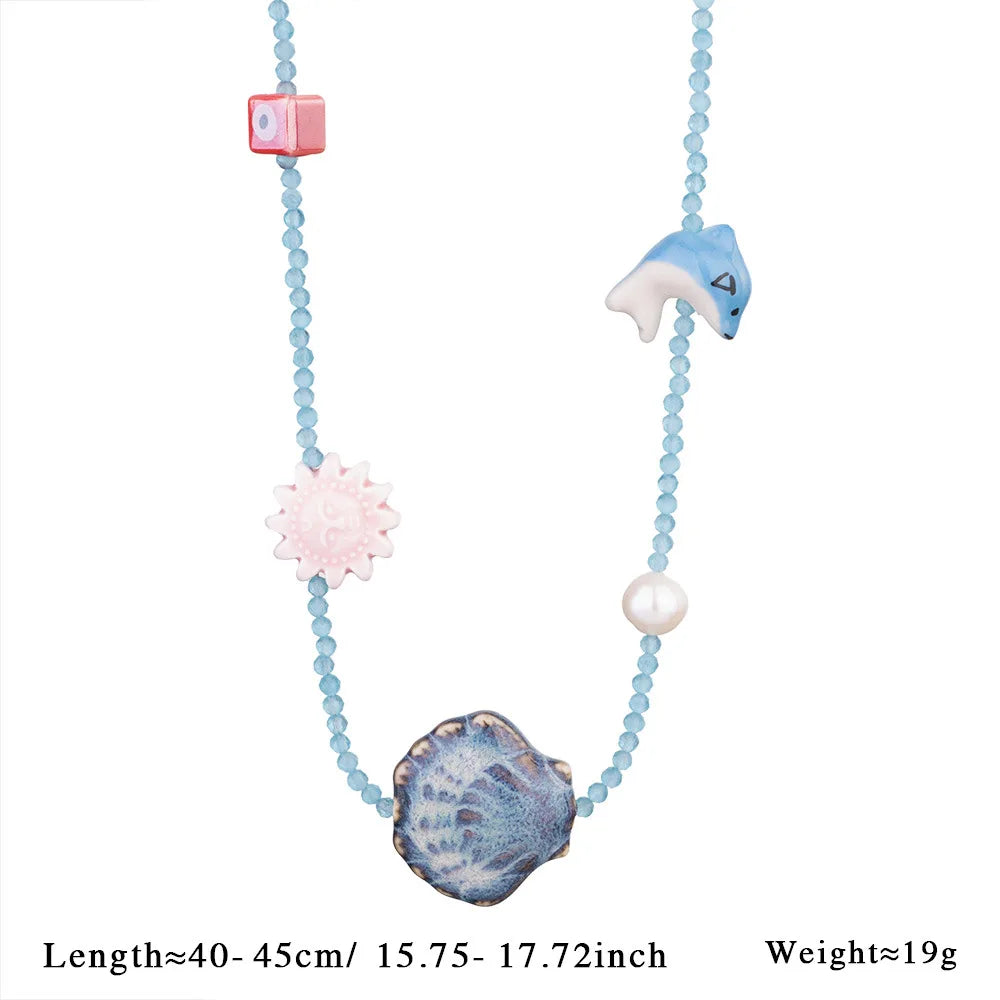 Handmade Weave Multi Colored Rice Beads Dolphin Neckalce Women Color Texture Shell Scallop Oysters Summer Beach Charm Jewelry