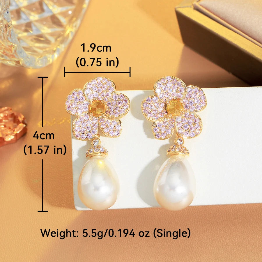 ThreeGraces Elegant Pink Yellow Cubic Zirconia Flower Shape Simulated Pearl Drop Earrings for Women Fashion Party Jewelry E1801