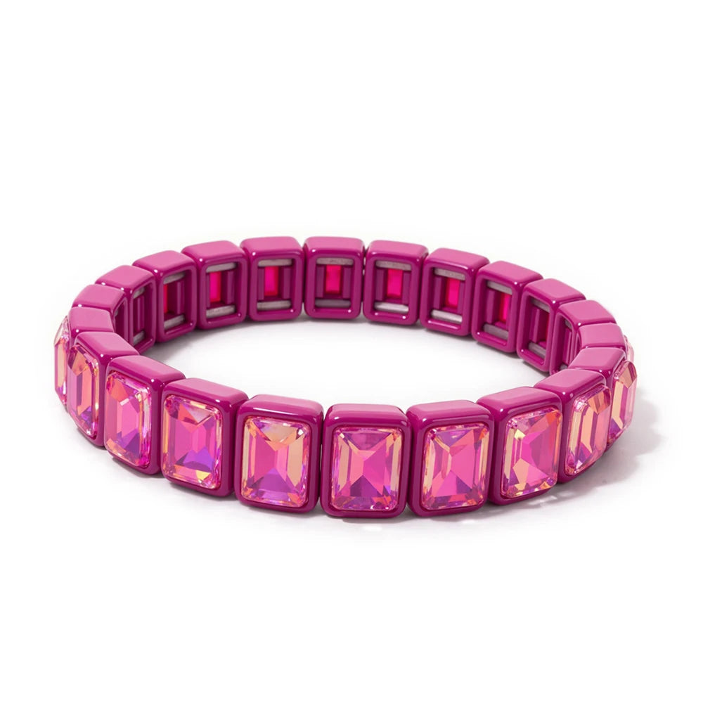 8x10mm Zirconia Enamel Bangle For Women Handmde Rainbow Color Elastic Beaded Bracelets