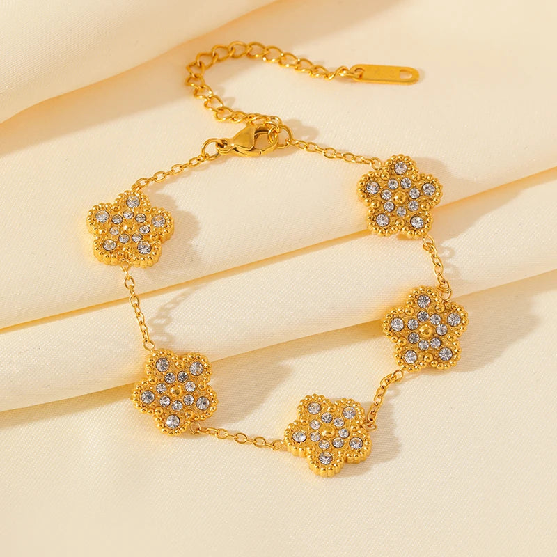 EILIECK New Fashion Stainless Steel Pink Zircon Clover Necklace Bracelet Earrings Set For Women Trendy Flower Jewelry Set Gift