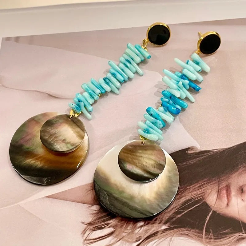 NISHIZAWA Shell Dangle Earrings for Women Geometric Stones Vintage Jewelry Fashion Elegant Irregular Aretes De Mujer